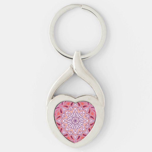Söt rosa mandala twisted heart silverfärgad nyckelring (Framsidan)