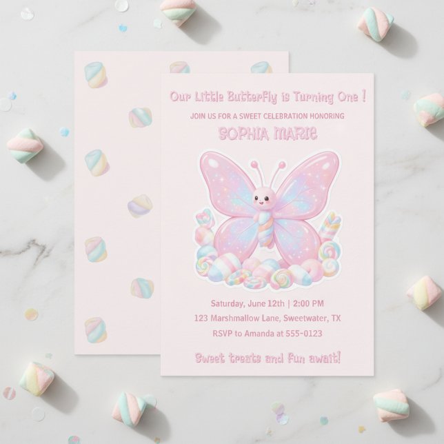 Söt Rosa Marshmallow Fjäril 1-årsdag Inbjudningar (Sweet Pink Marshmallow Butterfly 1st Birthday Invitation)