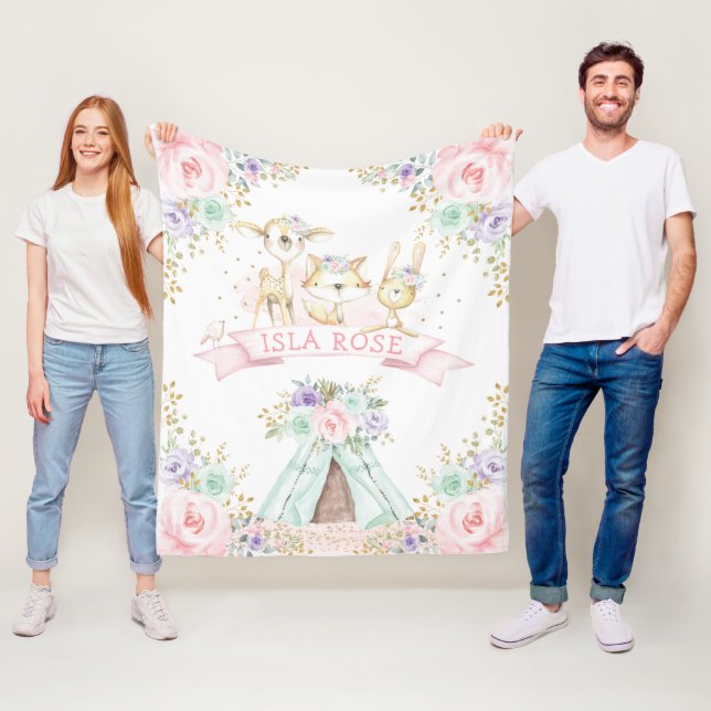 Söt Rosa Mint Lila Guld Boho Woodland Animals Fleecefilt (På plats)