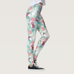 Söt Rosa Mint Pion & Sukkulent Blommig Handmålning Leggings