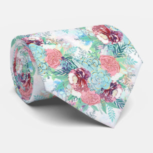 Söt Rosa Mint Pion & Sukkulent Blommig Handmålning Slips