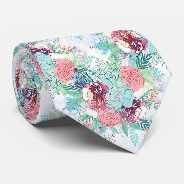 Söt Rosa Mint Pion & Sukkulent Blommig Handmålning Slips (Rullad)