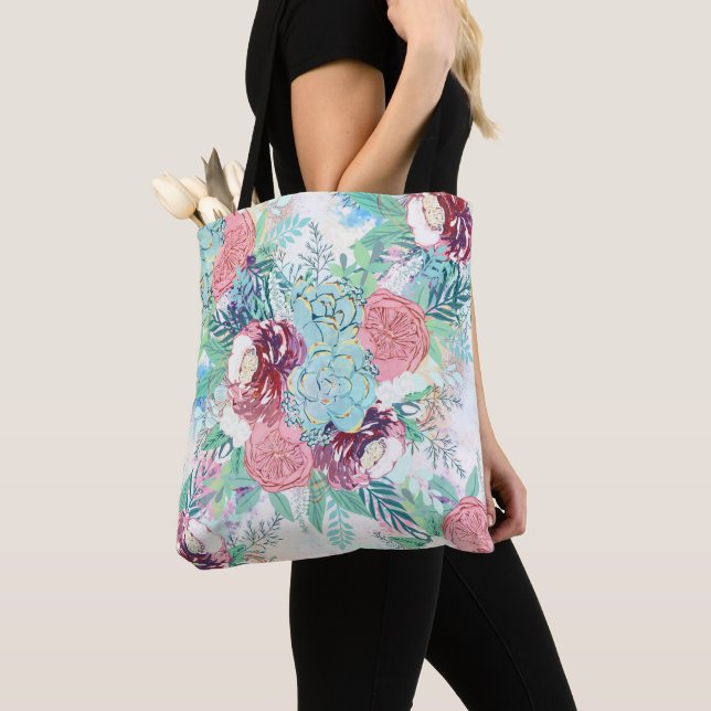 Söt Rosa Mint Pion & Sukkulent Blommig Handmålning Tygkasse (Närbild)