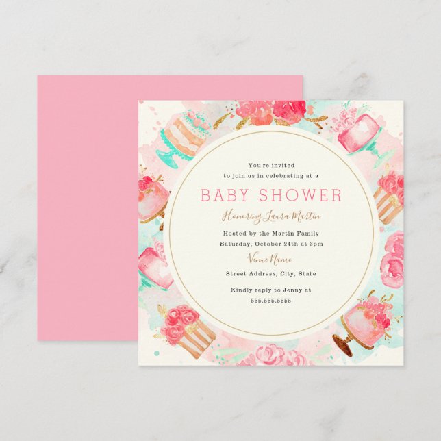 Söt Rosa Mint Tårta Krans Baby Shower Inbjudningar (Fram/baksida)