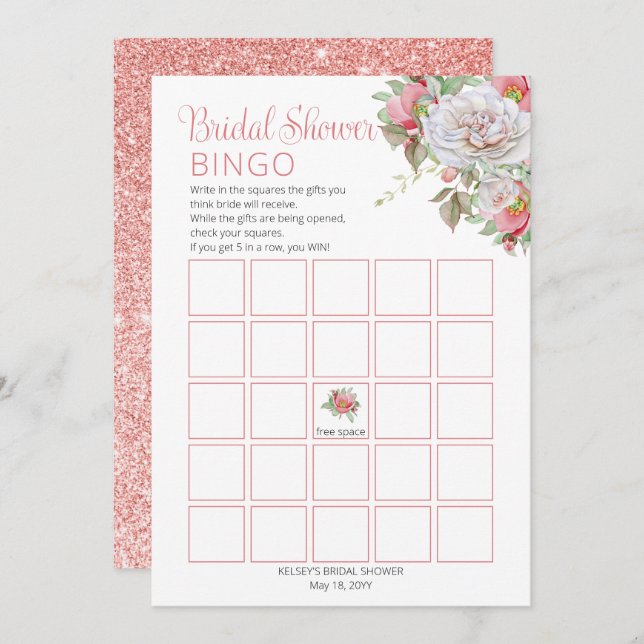 Söt Rosa möhippan Blockering av Blommigt i Vit ros Inbjudningar (Fram/baksida)