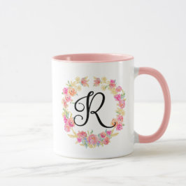 Söt rosa monogram (R) blomsterkrans mugg