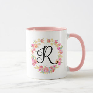 Söt rosa monogram (R) blomsterkrans mugg