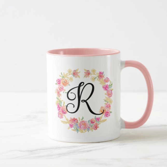 Söt rosa monogram (R) blomsterkrans mugg (Höger)