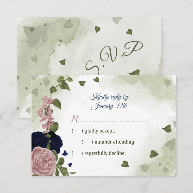 söt rosa & navy blåa blommor greenery OSA kort (Fram/baksida)