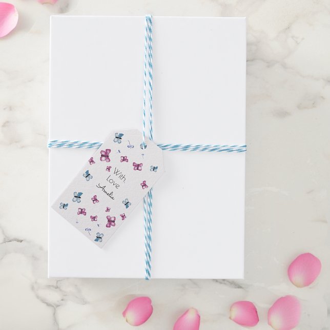 Söt Rosa och blå fjäril Presentetikett (Skapare uppladdad)