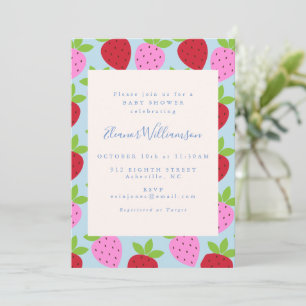 Söt Rosa och Blå Jordgubbe Frukt Baby Shower Inbjudningar