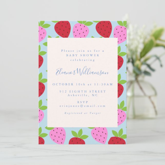Söt Rosa och Blå Jordgubbe Frukt Baby Shower Inbjudningar (Stående Fram)