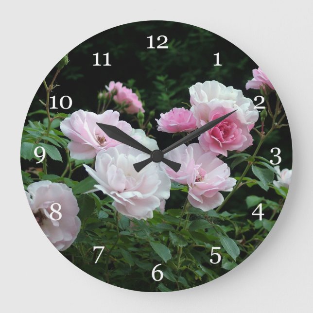 söt rosa och blombuskar i vit ros. Blommigt, Stor Klocka (Framsida)