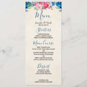 Söt Rosa och Blue Flower Gräns Bröllop Menu Inbjudningar