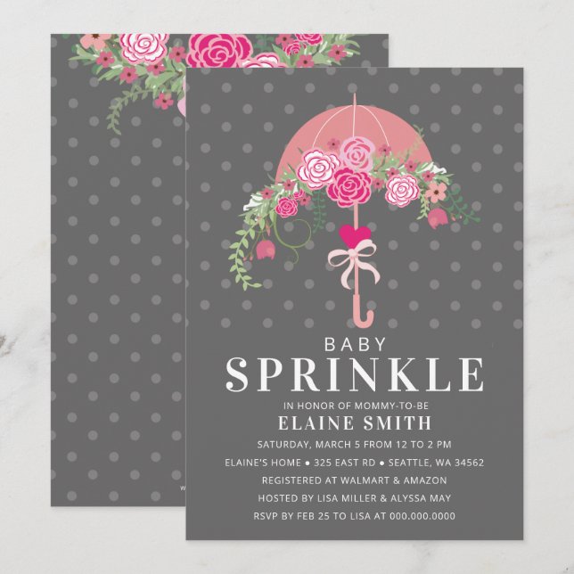 Söt rosa och grå blomsterparaply baby shower inbjudningar (Fram/baksida)