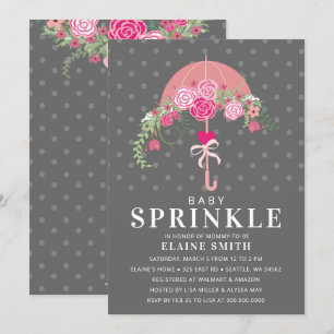 Söt rosa och grå blomsterparaply baby shower inbjudningar