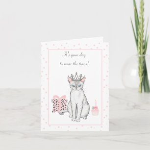 Söt Rosa och Grått Cat i Tiara Birthday Kort