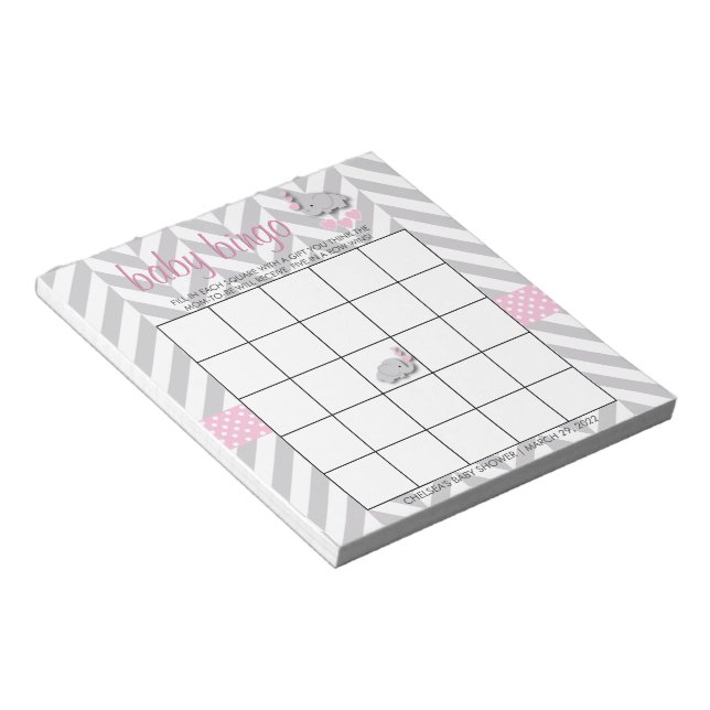 Söt Rosa och Grått Elephant Baby Shower Bingo Anteckningsblock (Vinklad)