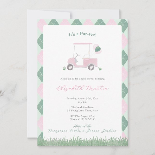 Söt rosa och grön golf tema babyflicka shower inbjudningar (Framsida)