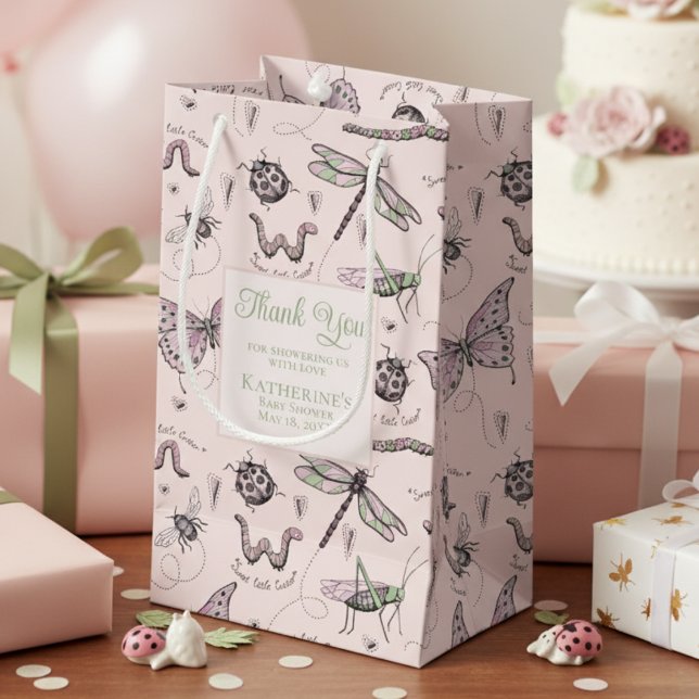 Söt rosa och grön insektsmönster (Blush Pink Insect Pattern Thank You Baby Shower Gift Bag for Mother to Be. Cute Pink & Green Bugs)