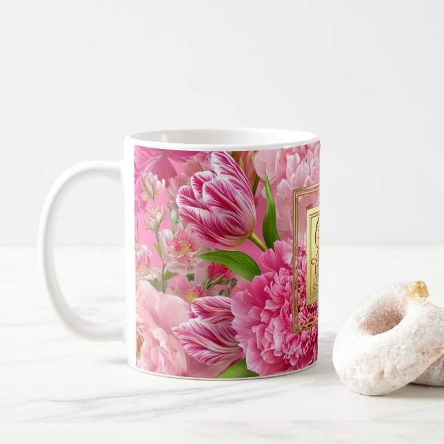 Söt rosa och grön påsklilja Tulpan Monogrammermugg Kaffemugg (Med munk)