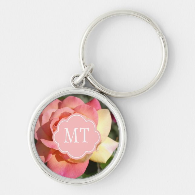 Söt rosa och gul ros, anpassningsbar rund silverfärgad nyckelring (Framsidan)