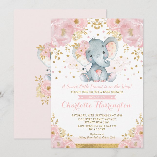 Söt Rosa och Guld Elephant Baby Shower Inbjudningar (Fram/baksida)