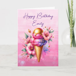 Söt Rosa och Guld Ice Cream Cone Birthday Kort