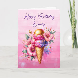 Söt Rosa och Guld Ice Cream Cone Birthday Kort