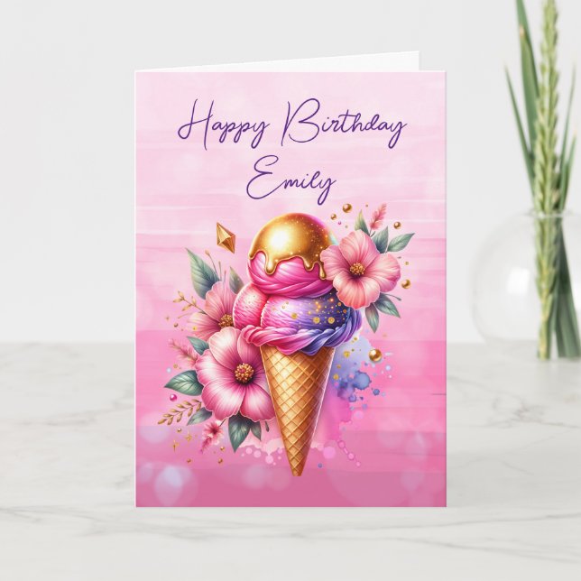 Söt Rosa och Guld Ice Cream Cone Birthday Kort (Framsida)