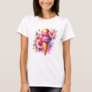 Söt Rosa och Guld Ice Cream Cone Blommigt T Shirt