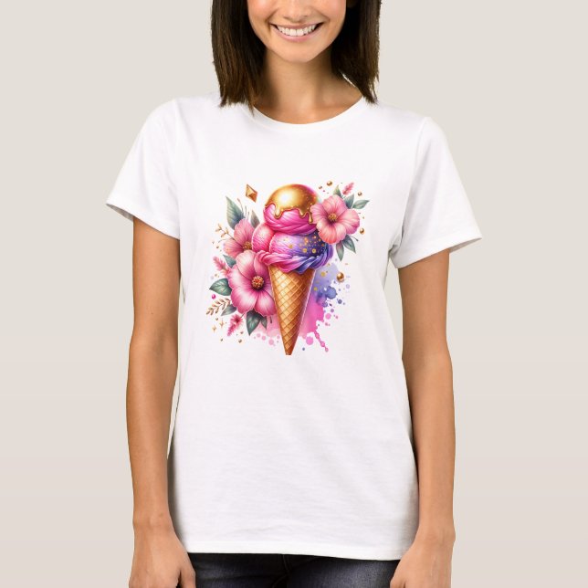 Söt Rosa och Guld Ice Cream Cone Blommigt T Shirt (Framsida)