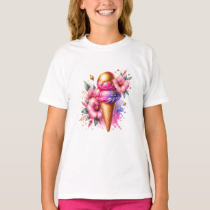 Söt Rosa och Guld Ice Cream Cone Blommigt T Shirt