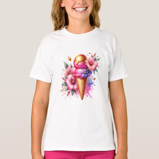 Söt Rosa och Guld Ice Cream Cone Blommigt T Shirt (Framsida)