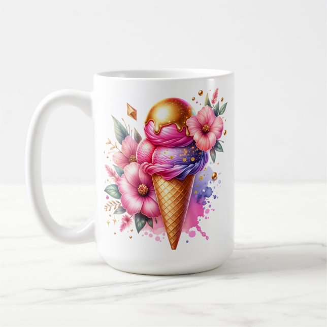 Söt Rosa och Guld Ice Cream Cone Personlig Kaffemugg (Vänster)