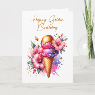 Söt Rosa och Guld Ice Cream Golden Birthday Kort