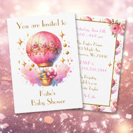 Söt Rosa och Guld Luftballong Baby Shower Inbjudningar