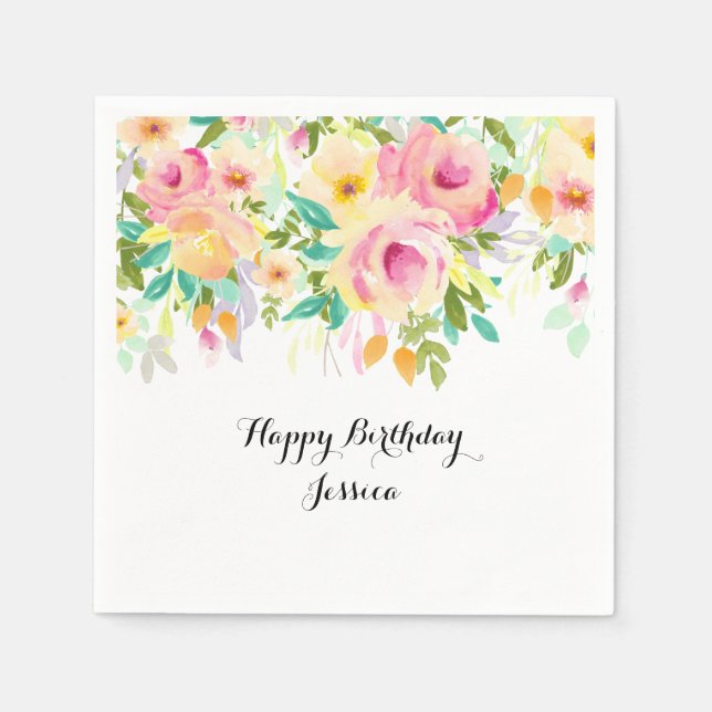 Söt Rosa och Gult Blommigt för vattenfärg Pappersservett (Framsidan)