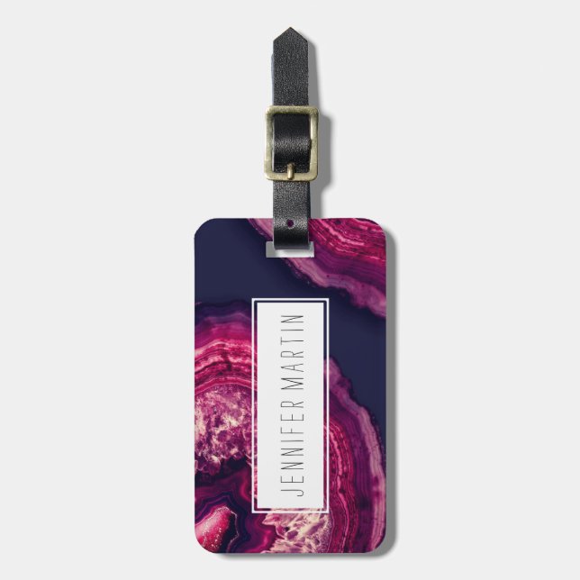 Söt Rosa och Lila Agate Geode Stone on Blue Bagagebricka (Vertikal Framsida)