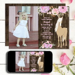 Söt Rosa och Lila Flower Photo Horse Birthday Inbjudningar