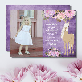 Söt Rosa och Lila Flower Photo Horse Birthday Inbjudningar