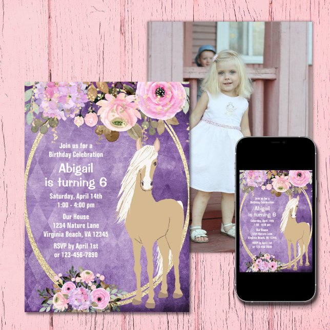 Söt Rosa och Lila Flower Photo Horse Birthday Inbjudningar (Pretty Pink and Purple Flower Photo Horse Birthday Invitation)