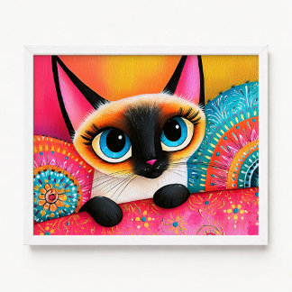 Söt rosa och orange siamesisk katt-målning med en poster