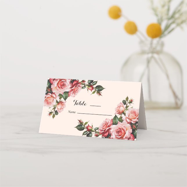 Söt rosa och röd ros bröllop placeringskort (Framsida)