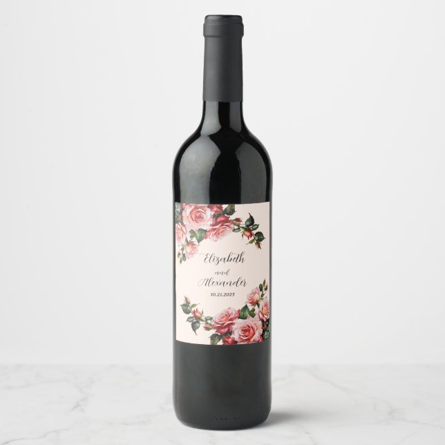 Söt rosa och röd ros bröllop vinflaska etikett (Framsida)