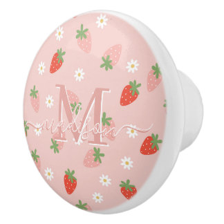 Söt Rosa och röda jordgubbar Monogram Knopp