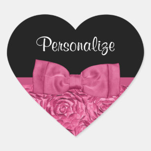 Söt Rosa och svart Ro Blommigt Chic Bow Hjärtformat Klistermärke