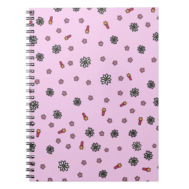 Söt rosa och vit blomster med stjärnor i rosa anteckningsbok (Framsidan)