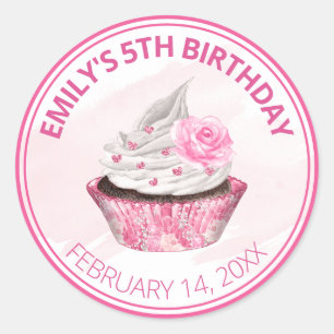 Söt rosa och vit glasyr födelsedags-cupcake runt klistermärke