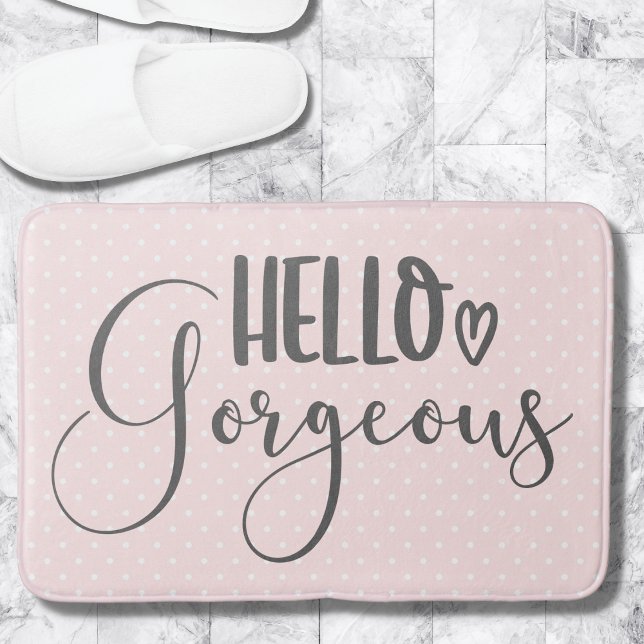 Söt Rosa och Vit Prick Hello Gorgeous Typografi Badrumsmatta (Skapare uppladdad)